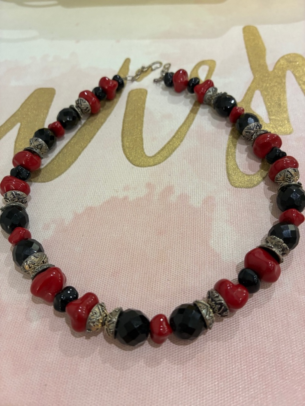 Red and Black Beaded Statement Necklace - Unbranded